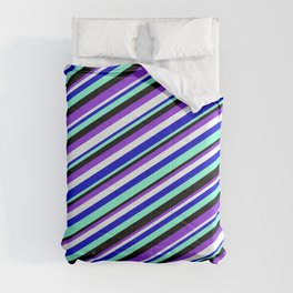 [ Thumbnail: Vibrant Blue, Aquamarine, Black, Purple, and Mint Cream Colored Lined Pattern Comforter ]