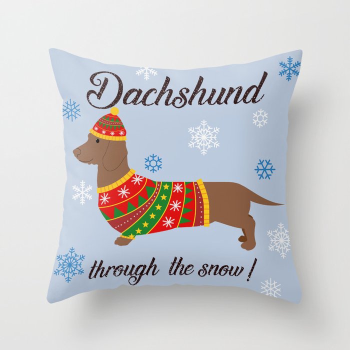 Dachshund through the snow christmas jumper Throw Pillow by