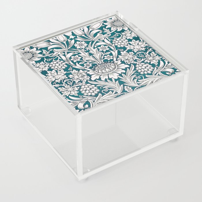 Modern Teal Blue William Morris  Floral Leaves Pattern  Acrylic Box