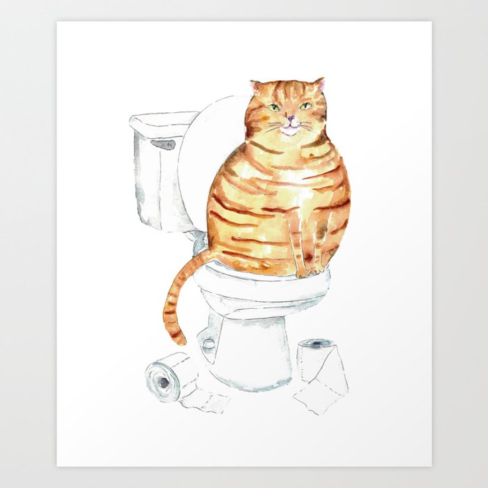 Orange Cat toilet Painting Wall Poster Watercolor Art Print
