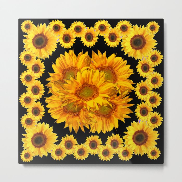 Classic Black & Golden Sunflowers Pattern Art Metal Print