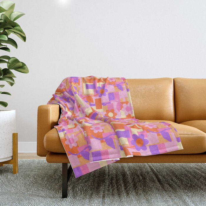 70s Floral Geometric Girl Throw Blanket