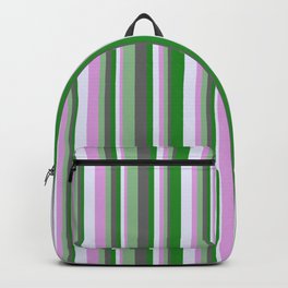[ Thumbnail: Vibrant Forest Green, Dim Grey, Dark Sea Green, Plum, and Lavender Colored Lined/Striped Pattern Backpack ]