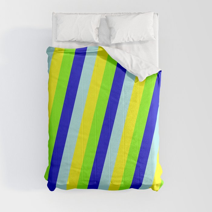 Chartreuse, Blue, Turquoise & Yellow Colored Striped Pattern Comforter