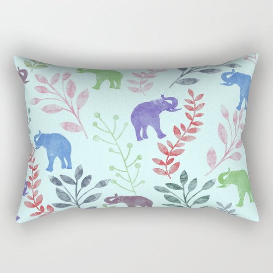 Watercolor Flowers & Elephants II Rectangular Pillow