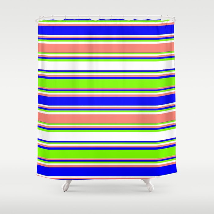Blue, Green, White, and Salmon Colored Lined Pattern Shower Curtain