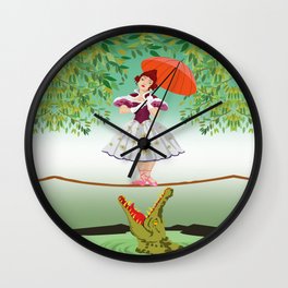 The Umbella girl With crocodile Wall Clock | Mansion, Graphicdesign, Comic, Curated, Haunted, Funny, Cute, Halloween, Vintage, Animal 