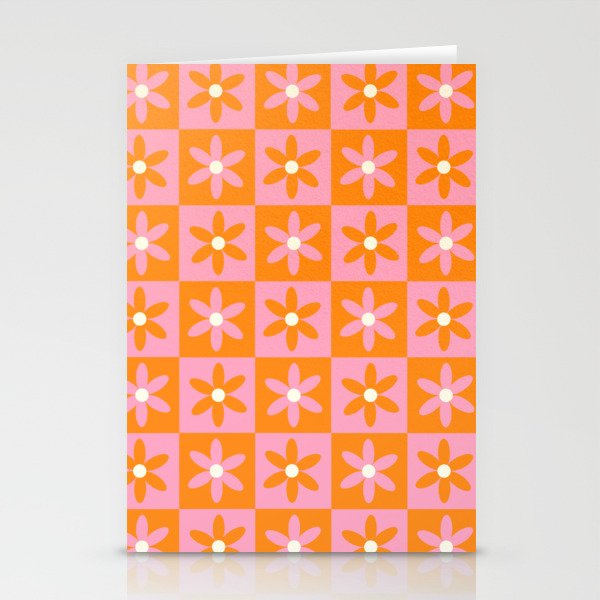 Pink and Orange Flower Checker Pattern Stationery Cards