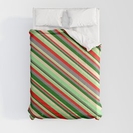 [ Thumbnail: Eyecatching Light Green, Red, Gray, Dark Green, and Tan Colored Lined/Striped Pattern Comforter ]