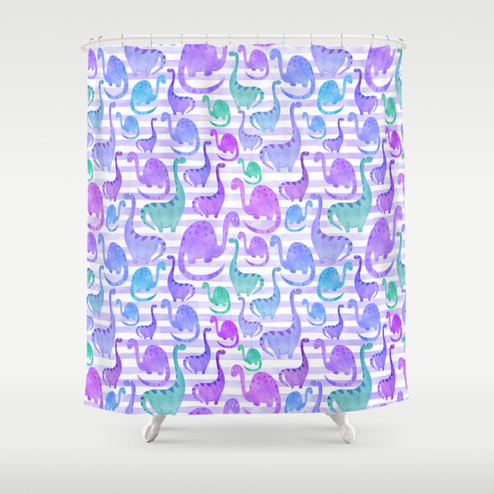 Watercolor Dinosaur Stripe Purple Shower Curtain