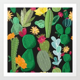 Cactus and succulents pattern black background Art Print
