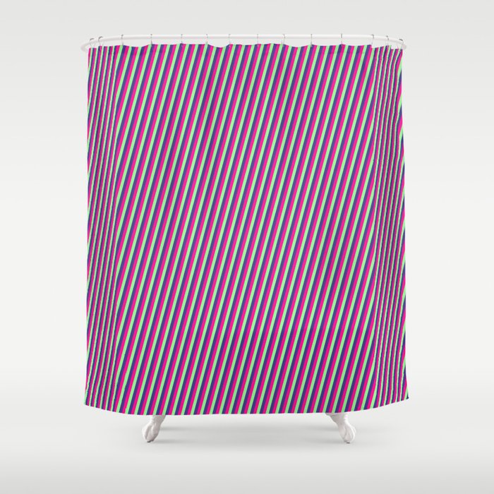 Deep Pink, Green, and Dark Slate Blue Colored Lines/Stripes Pattern Shower Curtain