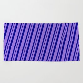[ Thumbnail: Purple & Dark Blue Colored Pattern of Stripes Beach Towel ]