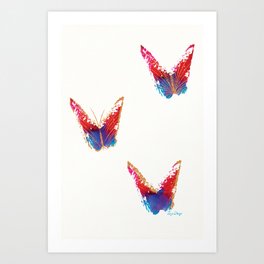 Three abstract red and blue butterflies with copper effect Art Print