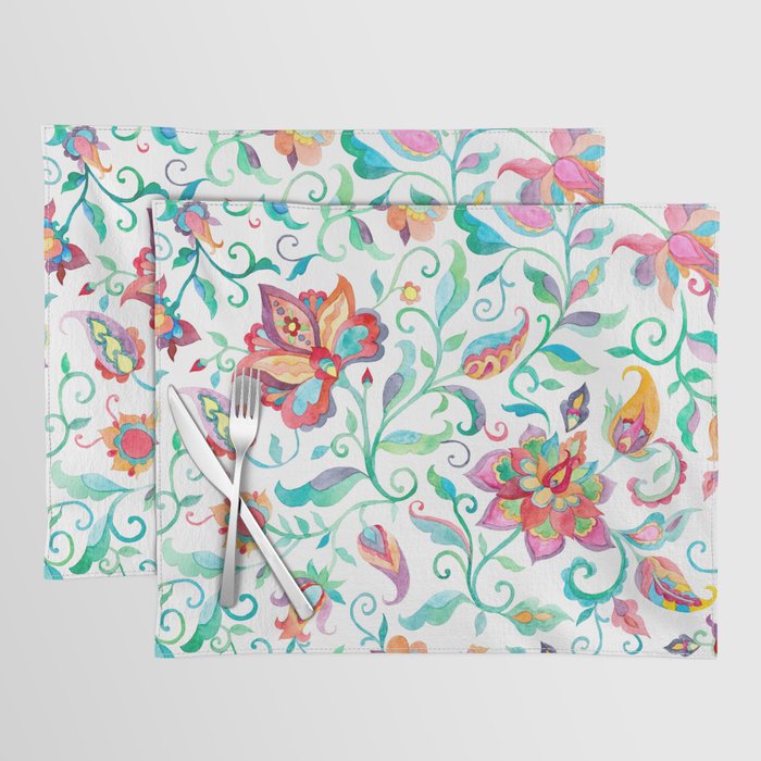 Exotic Mint Green Watercolor Paisley Floral Placemat
