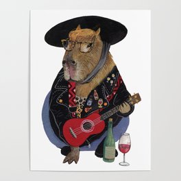 Capybara ukulele player wine lover Poster