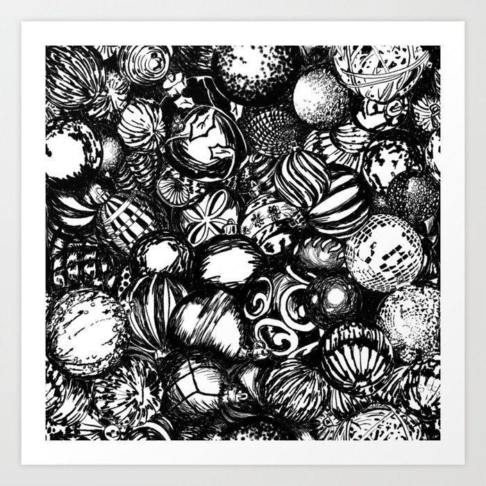 Bucket of Christmas Balls Black & White Art Print
