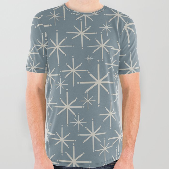 Twinkling Mid Century Modern Starburst Pattern Neutral Blue Gray All Over Graphic Tee