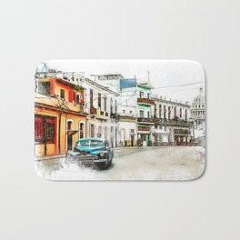 Cuba Havana Car Digital Watercolor Art Bath Mat