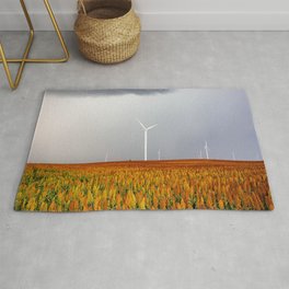Maizy Day - Colorful Maize and Wind Turbines on Stormy Day in Kansas Rug | Turbines, Photo, Wind, Digital, Picture, Storm, Farm, Fields, Fall, Rural 