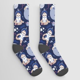 Best Space To Be // navy blue background indigo moons and cute astronauts sloths Socks