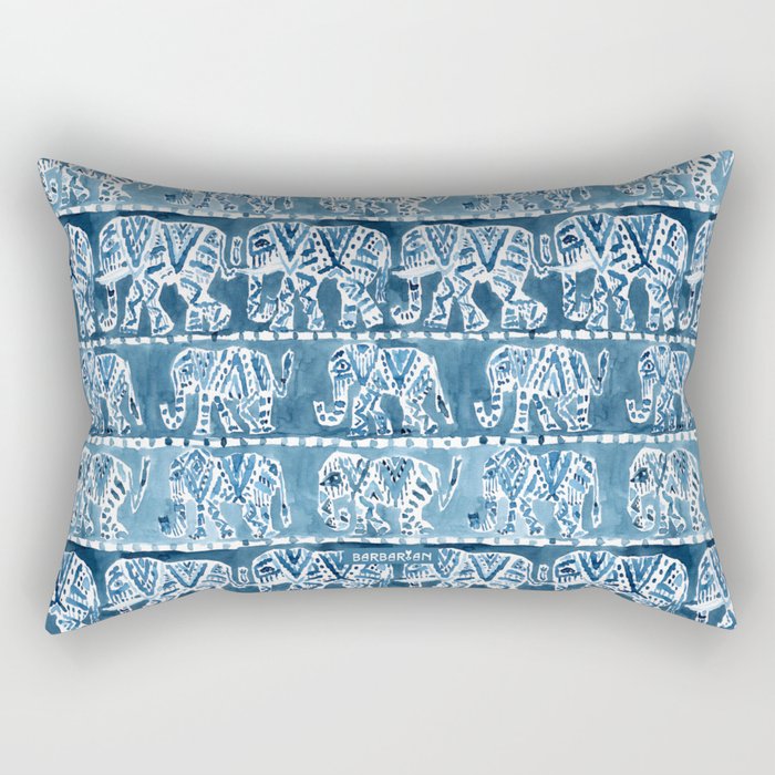 ELEPHANT SAFARI Tribal Indigo Ikat Pattern Rectangular Pillow