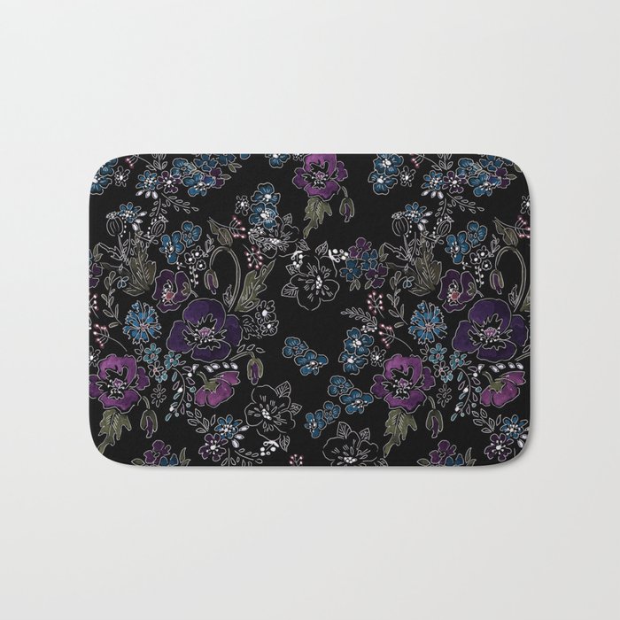 Floral Pattern On A Black Background Blue And Purple Flowers Bath Mat By Fuzzyfox85 Society6