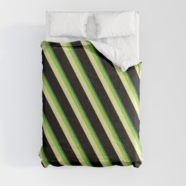 [ Thumbnail: Green, Pale Goldenrod, Black, and Forest Green Colored Pattern of Stripes Comforter ]