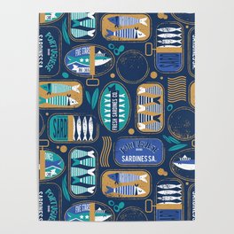 Vintage canned sardines // navy blue background peacock teal and electric blue cans  Poster