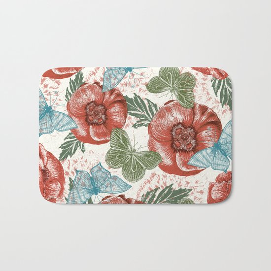 Poppies and Butterflies Pattern Bath Mat