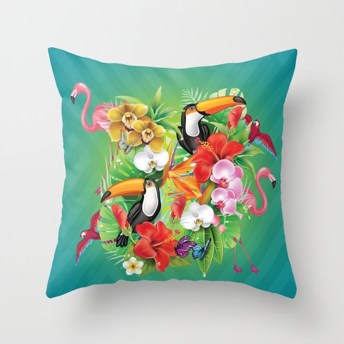 tropical jungle exotic birds  Throw Pillow