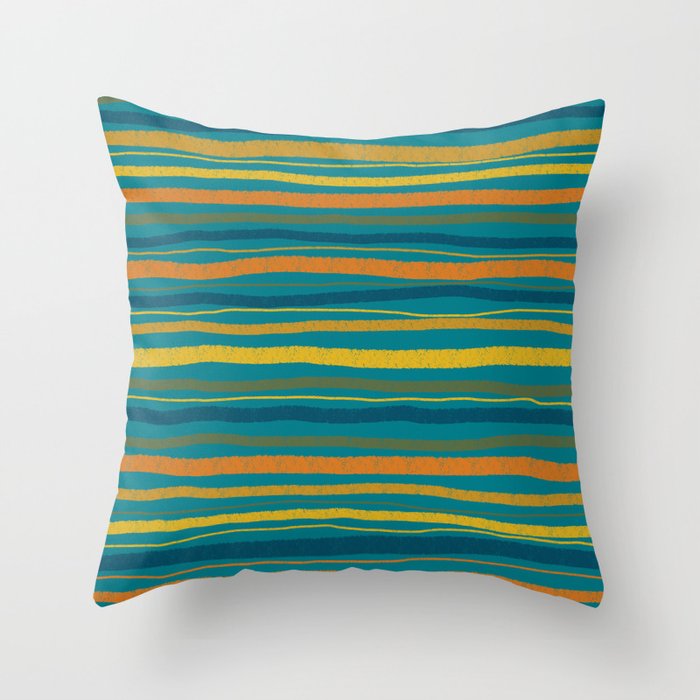 Crayon Stripes in Moroccan Teal Blue, Orange, Ochre, Green, Yellow Throw Pillow