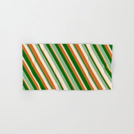 [ Thumbnail: Chocolate, Dark Green, Dark Sea Green & Beige Colored Lines Pattern Hand & Bath Towel ]
