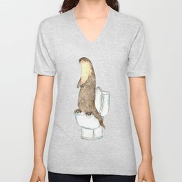 Otter in the bathroom painting watercolour V Neck T Shirt