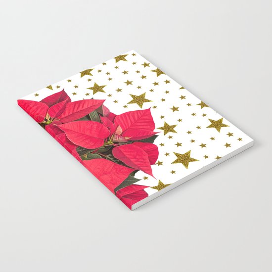 Red Christmas flower and sparkly gold stars Notebook