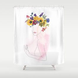 Mimimal Line Art Drawing Woman With Watercolor Summer Flowers Wreath Shower Curtain