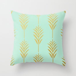 Golden Palm Leaves on Mint Throw Pillow