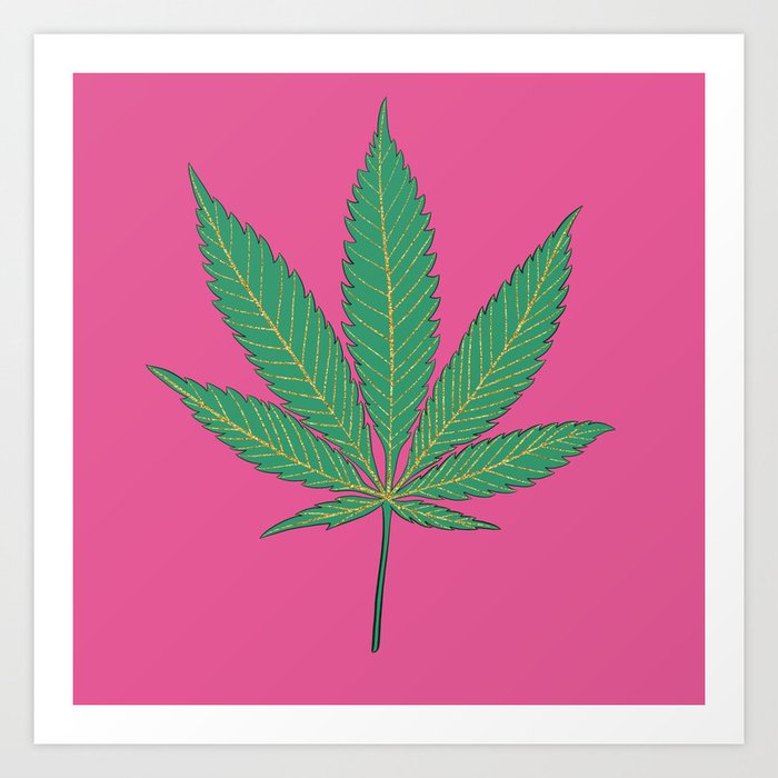Green Gold Marijuana Leaf on Pink Background Art Print