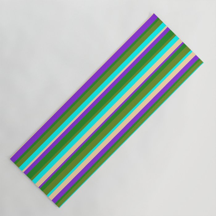 Vibrant Tan, Purple, Forest Green, Green & Aqua Colored Striped/Lined Pattern Yoga Mat