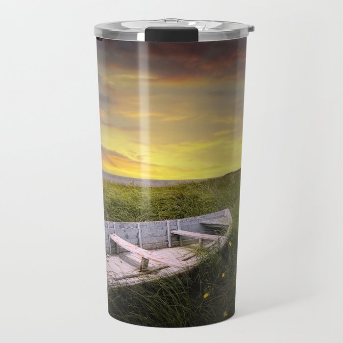 Stranded Row Boat in the Beach Grass at Sunrise on the shore on Prince Edward Island Travel Mug