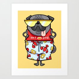 Hot Dog black pug summer Art Print