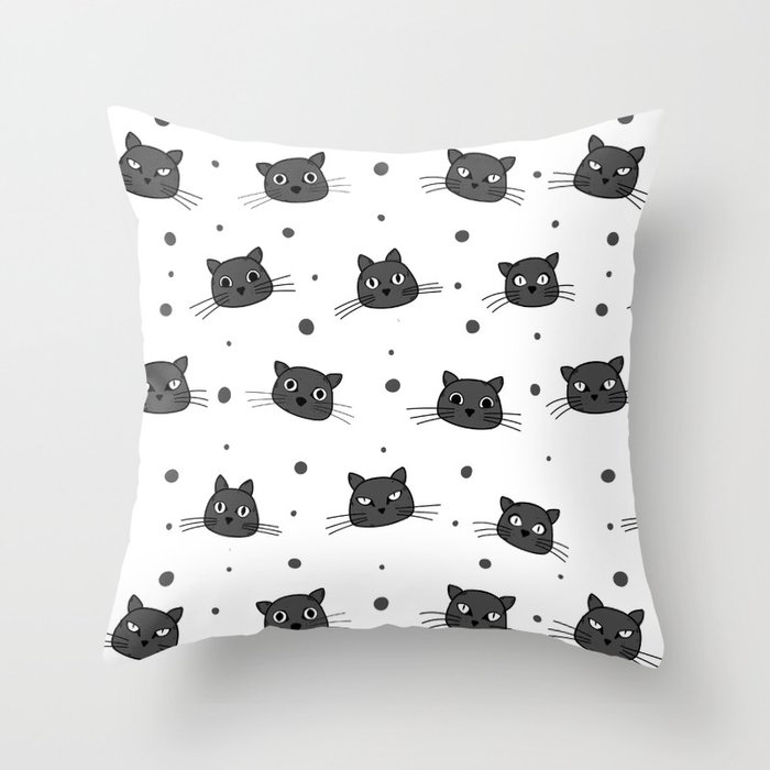Cute cat faces and dots pattern in grey and white Throw Pillow