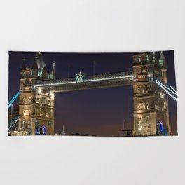 Great Britain Photography - The Famous Tower Bridge In London At Night Beach Towel