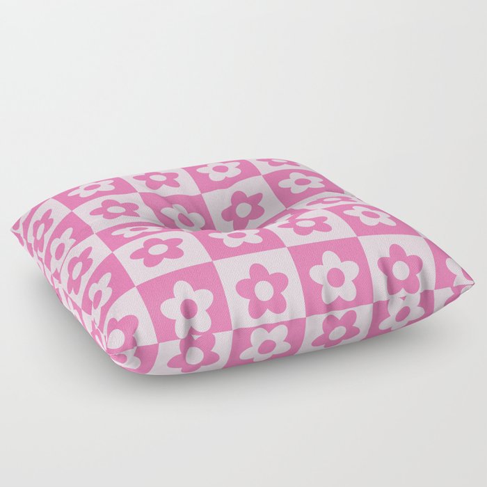 Hot Pink and White Retro Checkered Flower Pattern Floor Pillow