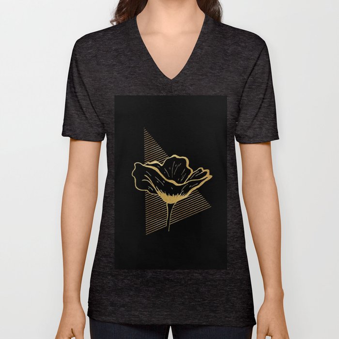 Black and Gold Poppy Flower over line triangle V Neck T Shirt