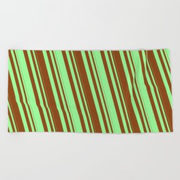 [ Thumbnail: Brown and Green Colored Lined Pattern Beach Towel ]