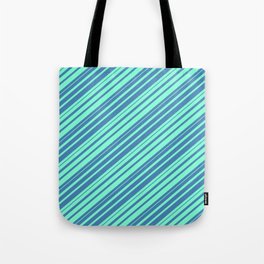 [ Thumbnail: Blue & Aquamarine Colored Striped/Lined Pattern Tote Bag ]