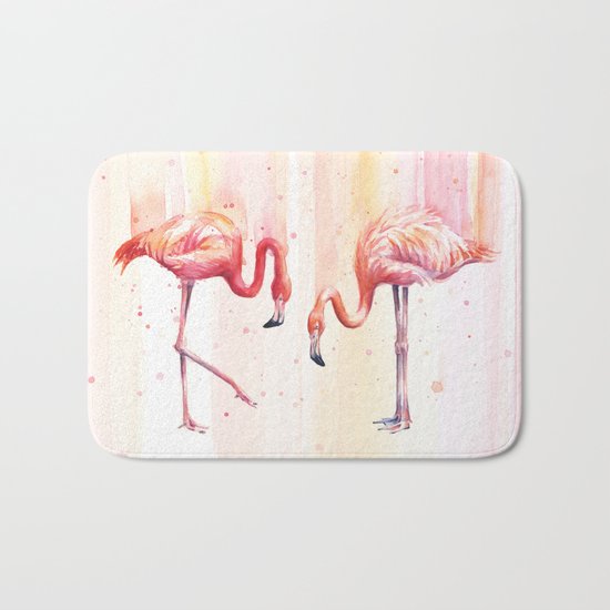 Two Flamingos Watercolor Tropical Birds Animals Bath Mat