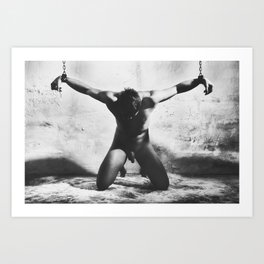Naked man shackled in a dungeon with heavy iron cuffs #C5635 Art Print