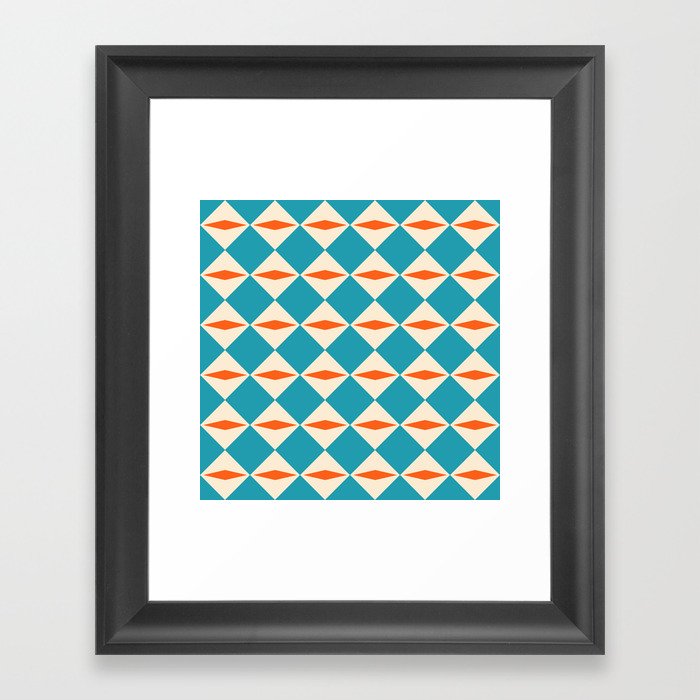 Geometric Diamond Pattern 824 Orange Turquoise and Beige Framed Art Print